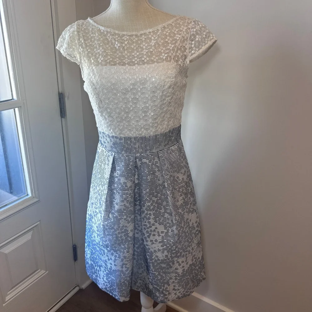 Kay Unger Jacquard Dress‎ Womens Lace Sequin Shimmer Blue Striped Size 4